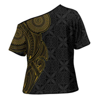 Niue Polynesian Hiapo Tattoo Art Cross Shoulder Shirt Half Style Black Gold Color - Polynesian Pride