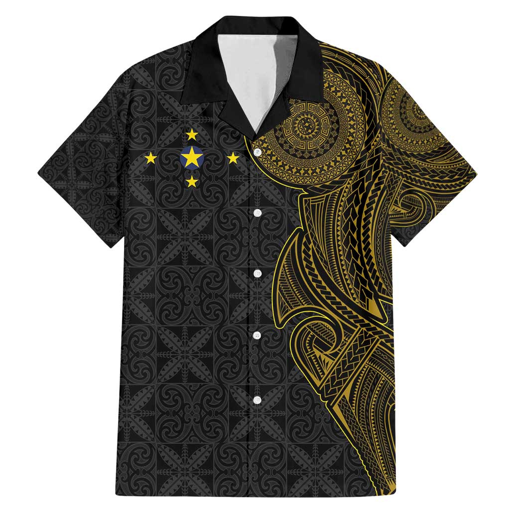 Niue Polynesian Hiapo Tattoo Art Family Matching Mermaid Dress and Hawaiian Shirt Half Style Black Gold Color - Polynesian Pride