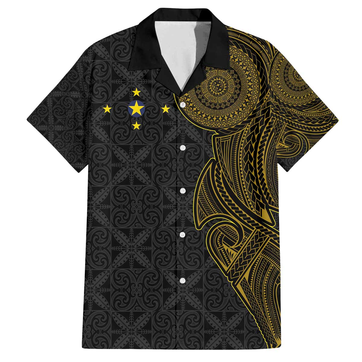 Niue Polynesian Hiapo Tattoo Art Family Matching Off The Shoulder Long Sleeve Dress and Hawaiian Shirt Half Style Black Gold Color - Polynesian Pride