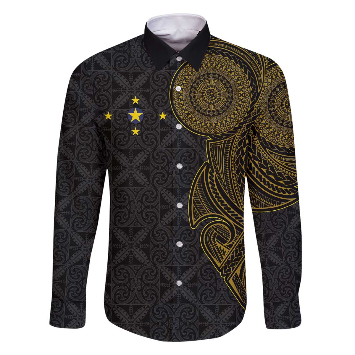 Niue Polynesian Hiapo Tattoo Art Family Matching Off The Shoulder Long Sleeve Dress and Hawaiian Shirt Half Style Black Gold Color - Polynesian Pride