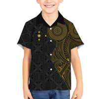 Niue Polynesian Hiapo Tattoo Art Family Matching Off The Shoulder Long Sleeve Dress and Hawaiian Shirt Half Style Black Gold Color - Polynesian Pride