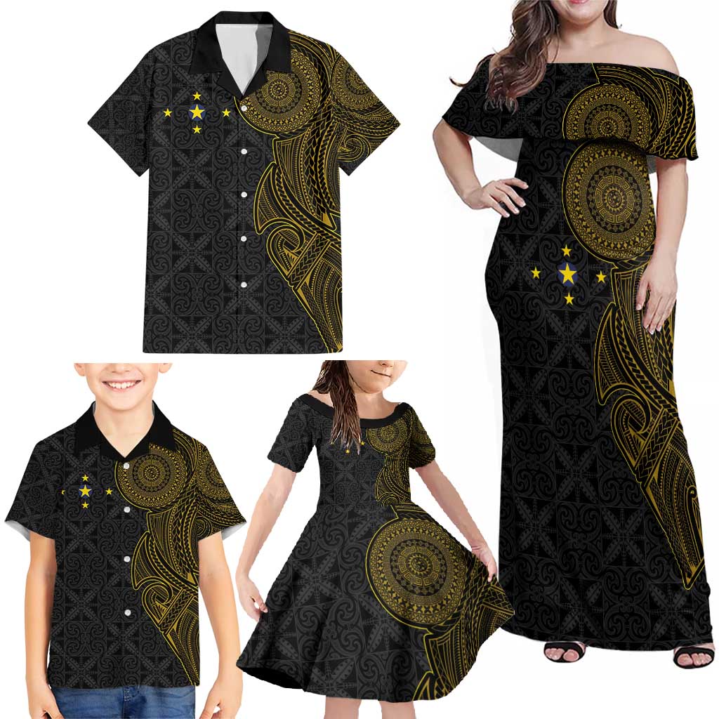 Niue Polynesian Hiapo Tattoo Art Family Matching Off Shoulder Maxi Dress and Hawaiian Shirt Half Style Black Gold Color - Polynesian Pride