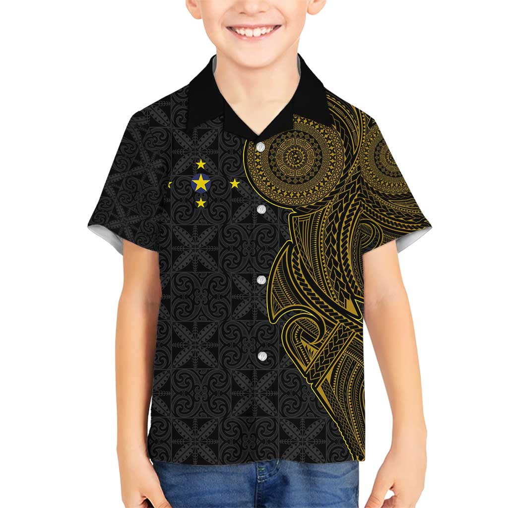 Niue Polynesian Hiapo Tattoo Art Family Matching Off Shoulder Short Dress and Hawaiian Shirt Half Style Black Gold Color - Polynesian Pride