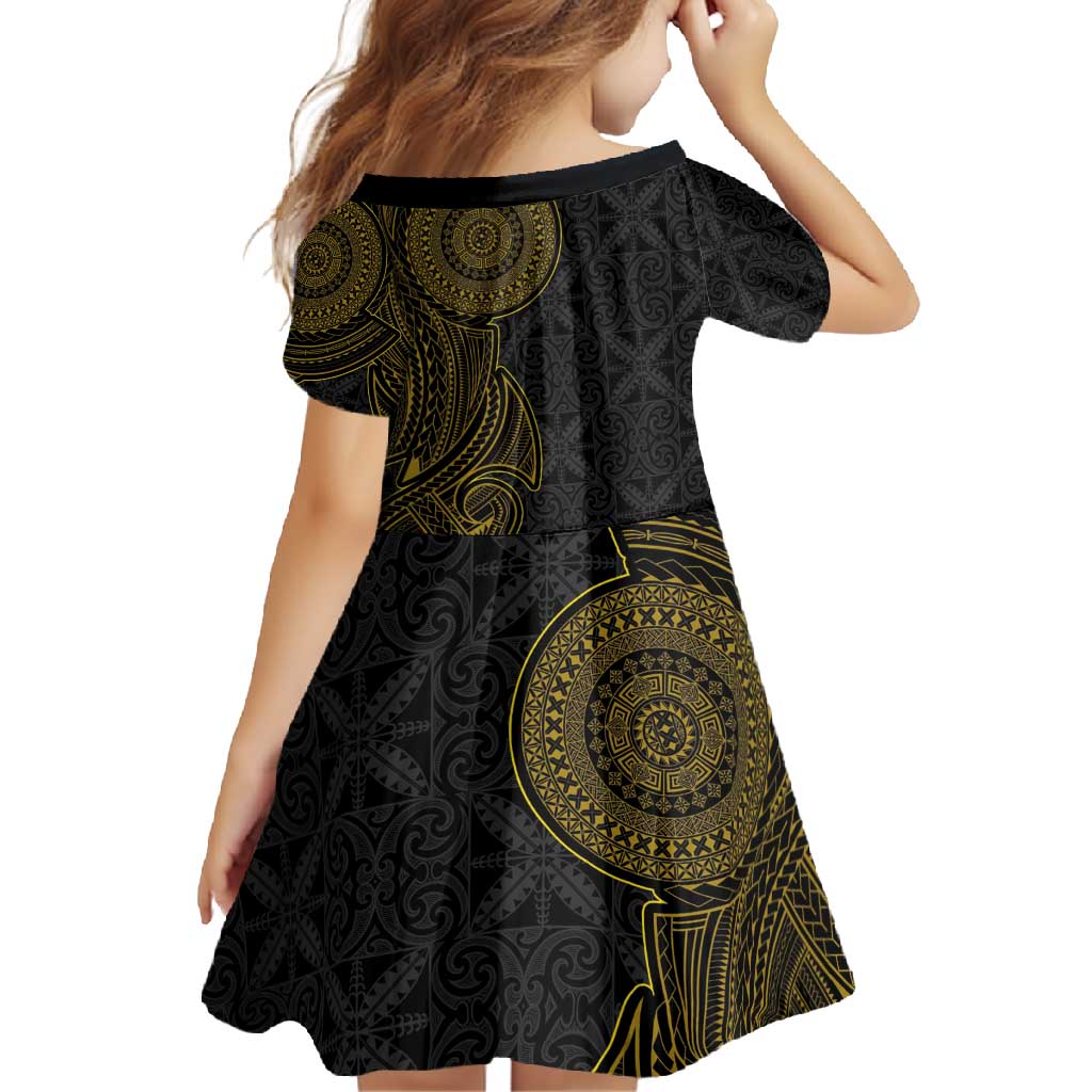 Niue Polynesian Hiapo Tattoo Art Family Matching Short Sleeve Bodycon Dress and Hawaiian Shirt Half Style Black Gold Color - Polynesian Pride