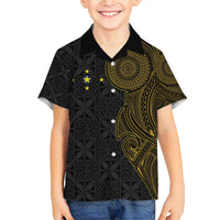Niue Polynesian Hiapo Tattoo Art Family Matching Short Sleeve Bodycon Dress and Hawaiian Shirt Half Style Black Gold Color - Polynesian Pride