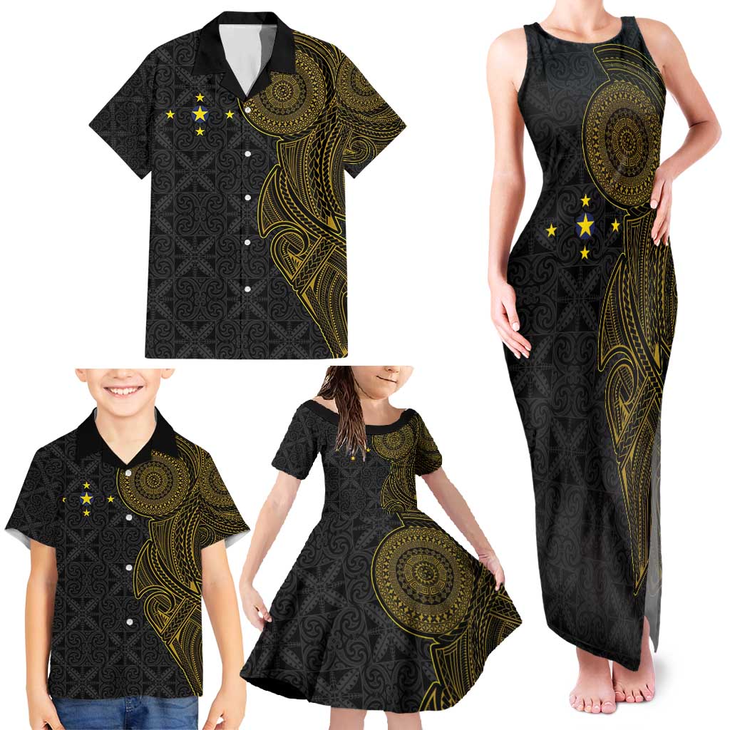 Niue Polynesian Hiapo Tattoo Art Family Matching Tank Maxi Dress and Hawaiian Shirt Half Style Black Gold Color - Polynesian Pride