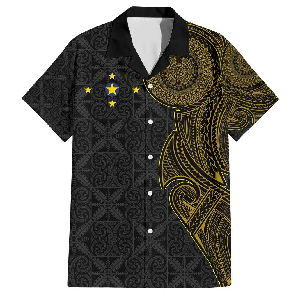 Niue Polynesian Hiapo Tattoo Art Family Matching Tank Maxi Dress and Hawaiian Shirt Half Style Black Gold Color - Polynesian Pride