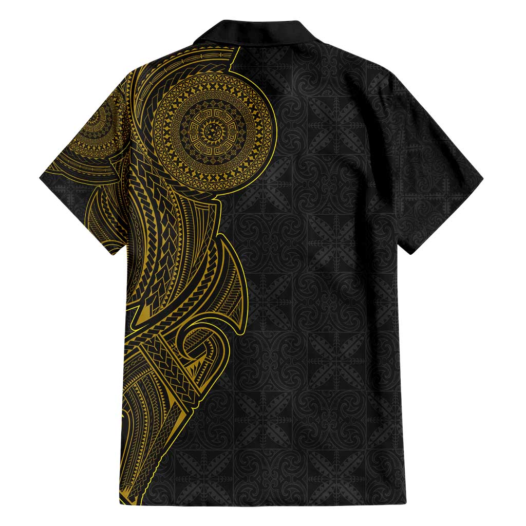 Niue Polynesian Hiapo Tattoo Art Hawaiian Shirt Half Style Black Gold Color - Polynesian Pride