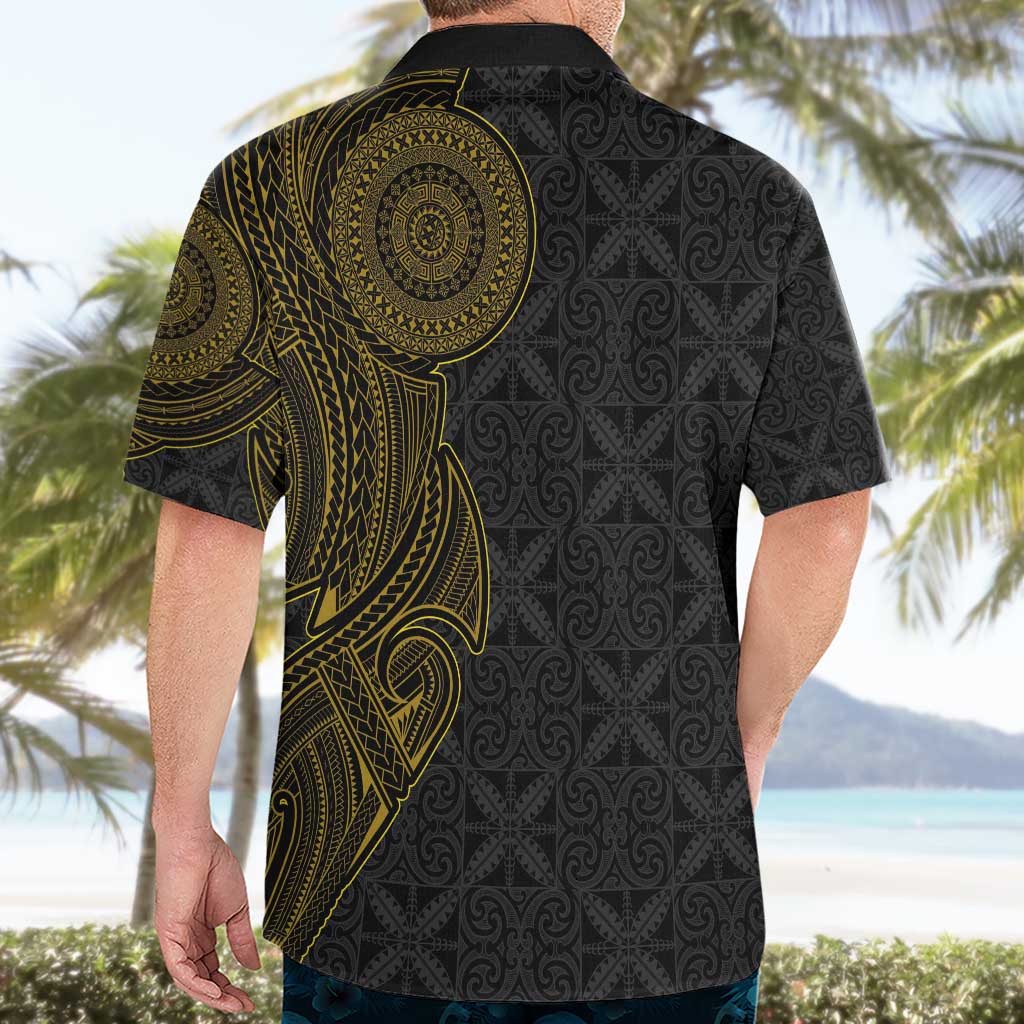 Niue Polynesian Hiapo Tattoo Art Hawaiian Shirt Half Style Black Gold Color - Polynesian Pride