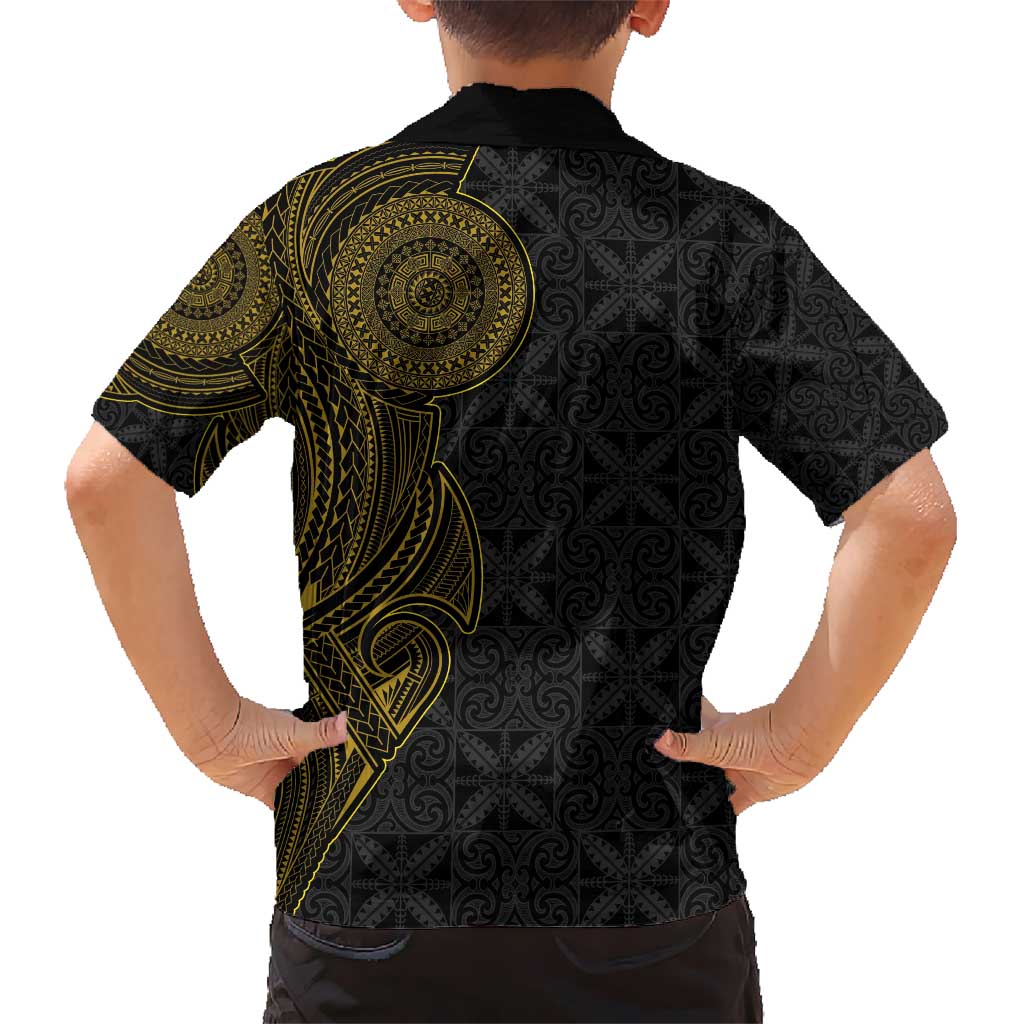 Niue Polynesian Hiapo Tattoo Art Hawaiian Shirt Half Style Black Gold Color - Polynesian Pride