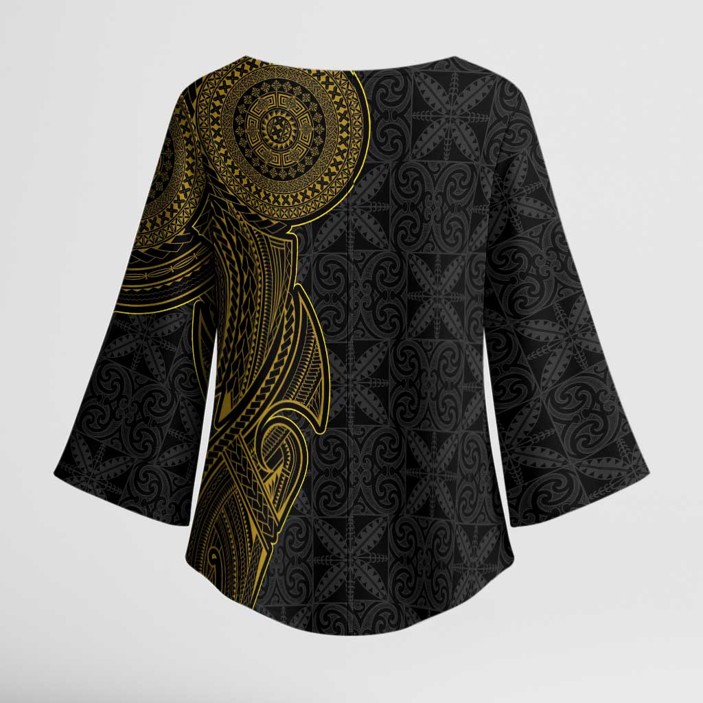 Niue Polynesian Hiapo Tattoo Art Kimono Sleeve Blouse Half Style Black Gold Color - Polynesian Pride
