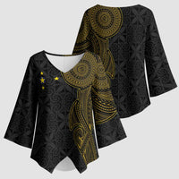 Niue Polynesian Hiapo Tattoo Art Kimono Sleeve Blouse Half Style Black Gold Color - Polynesian Pride