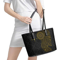 Niue Polynesian Hiapo Tattoo Art Leather Tote Bag Half Style Black Gold Color - Polynesian Pride