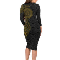 Niue Polynesian Hiapo Tattoo Art Long Sleeve Bodycon Dress Half Style Black Gold Color - Polynesian Pride
