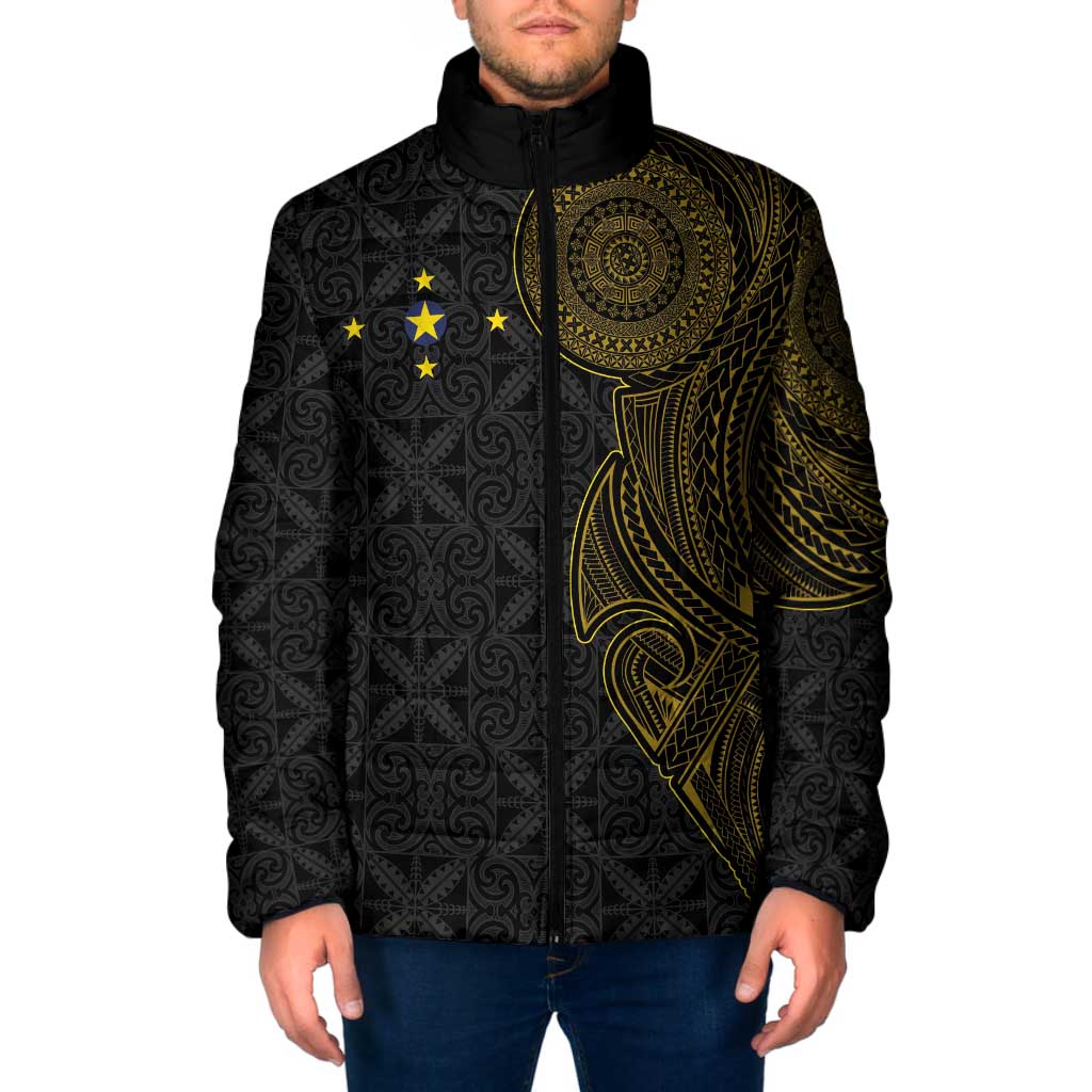 Niue Polynesian Hiapo Tattoo Art Padded Jacket Half Style Black Gold Color - Polynesian Pride
