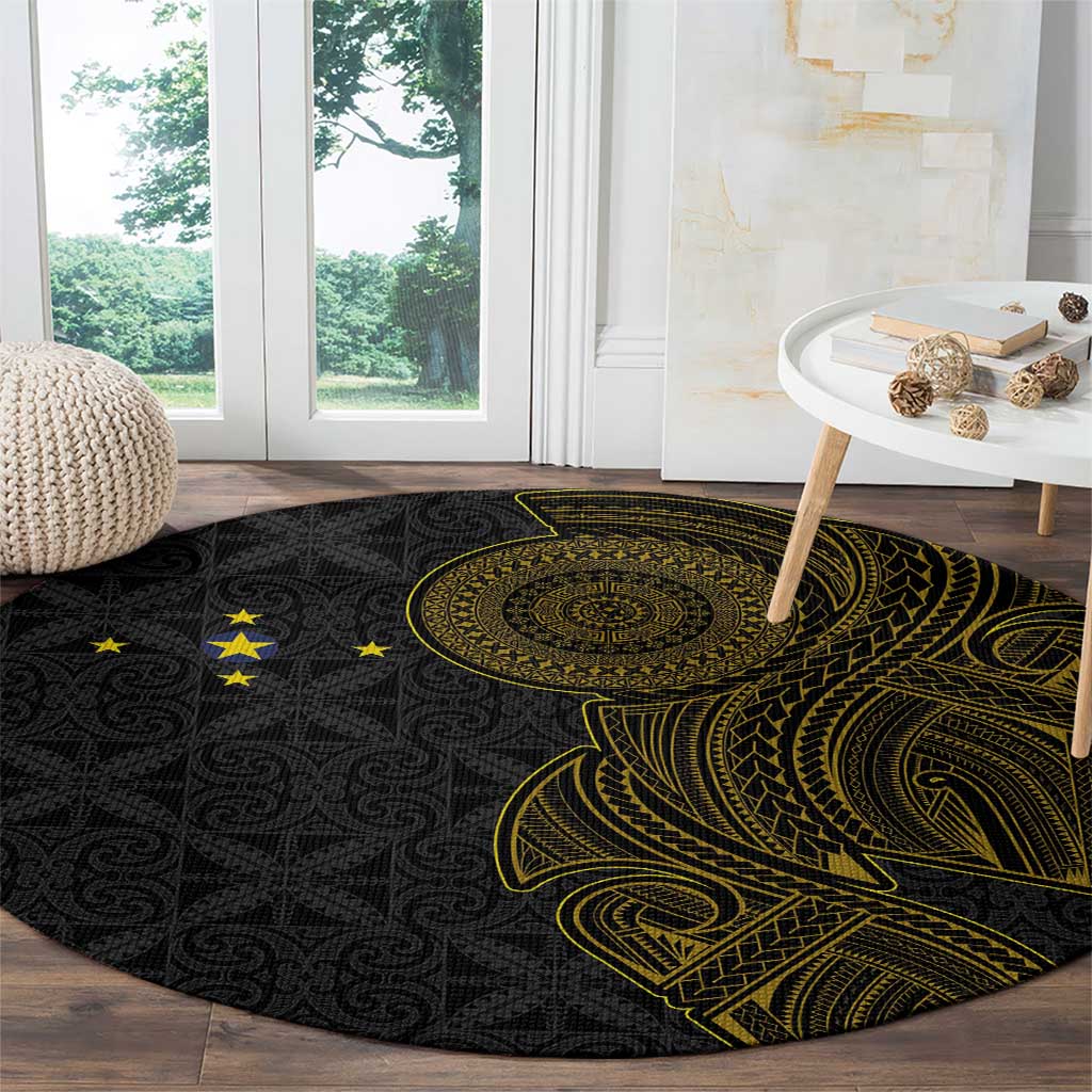 Niue Polynesian Hiapo Tattoo Art Round Carpet Half Style Black Gold Color - Polynesian Pride