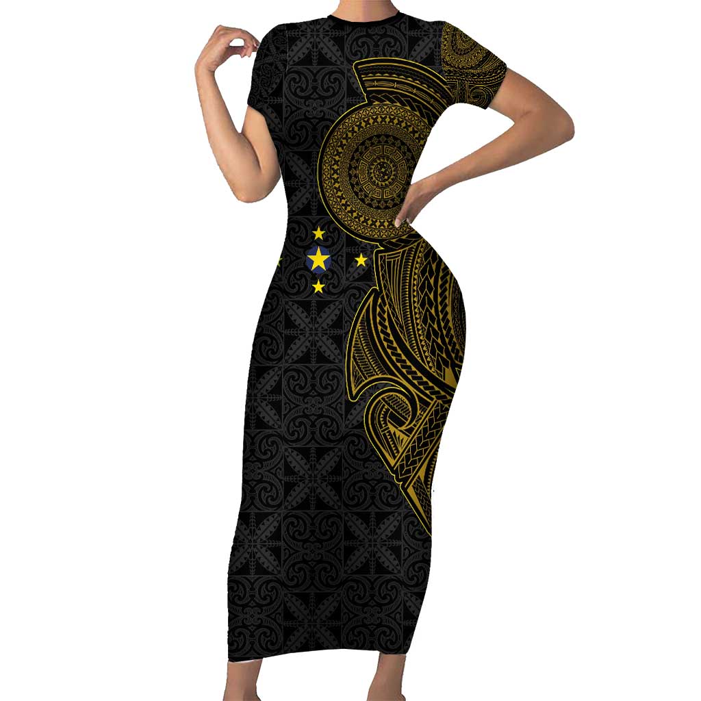 Niue Polynesian Hiapo Tattoo Art Short Sleeve Bodycon Dress Half Style Black Gold Color - Polynesian Pride