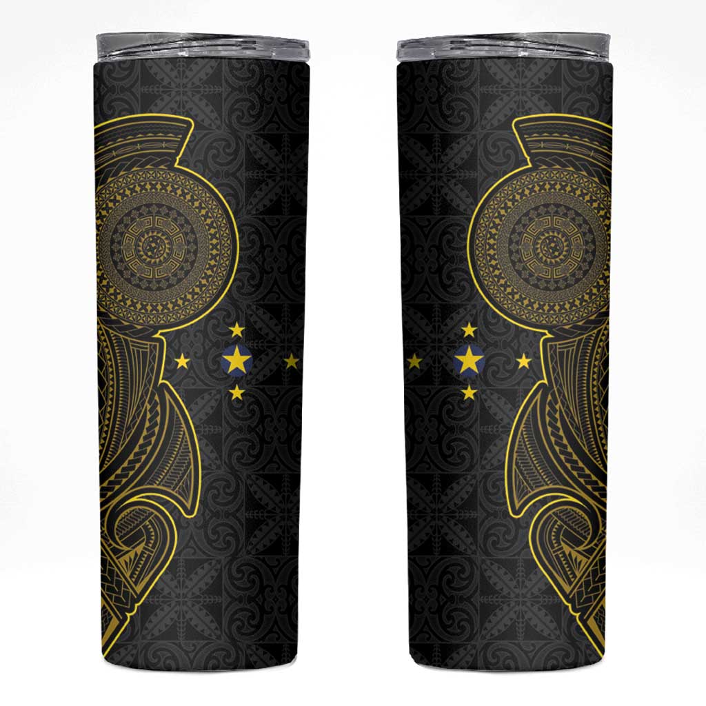 Niue Polynesian Hiapo Tattoo Art Skinny Tumbler Half Style Black Gold Color - Polynesian Pride