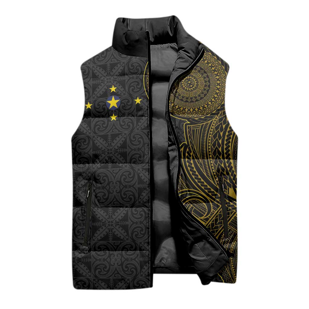 Niue Polynesian Hiapo Tattoo Art Sleeveless Puffer Jacket Half Style Black Gold Color - Polynesian Pride