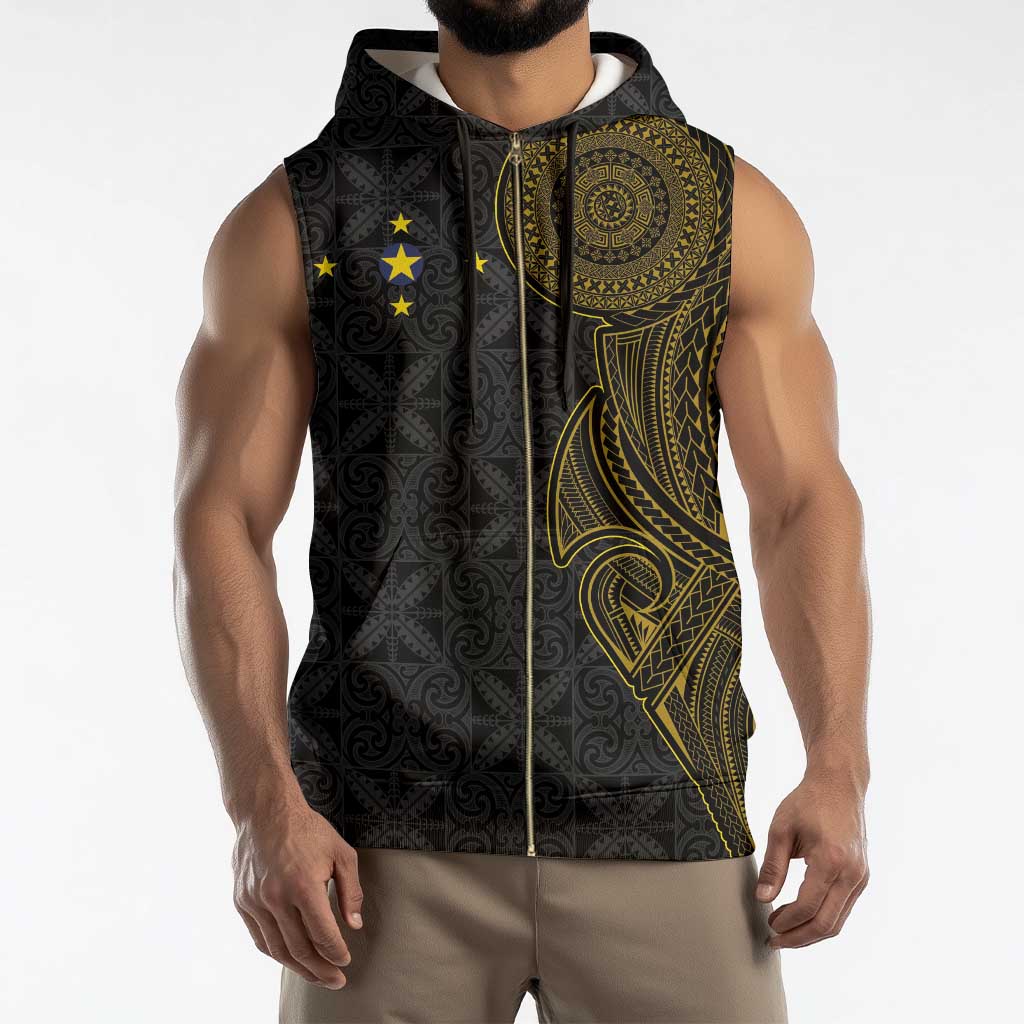 Niue Polynesian Hiapo Tattoo Art Sleeveless Zip Hoodie Half Style Black Gold Color - Polynesian Pride
