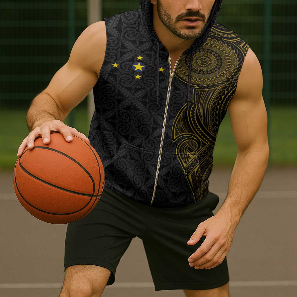 Niue Polynesian Hiapo Tattoo Art Sleeveless Zip Hoodie Half Style Black Gold Color - Polynesian Pride