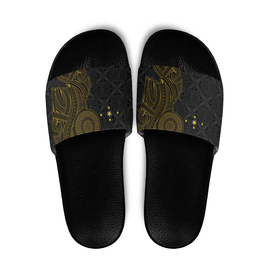 Niue Polynesian Hiapo Tattoo Art Slide Sandals Half Style Black Gold Color - Polynesian Pride