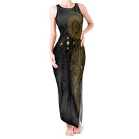 Niue Polynesian Hiapo Tattoo Art Tank Maxi Dress Half Style Black Gold Color - Polynesian Pride