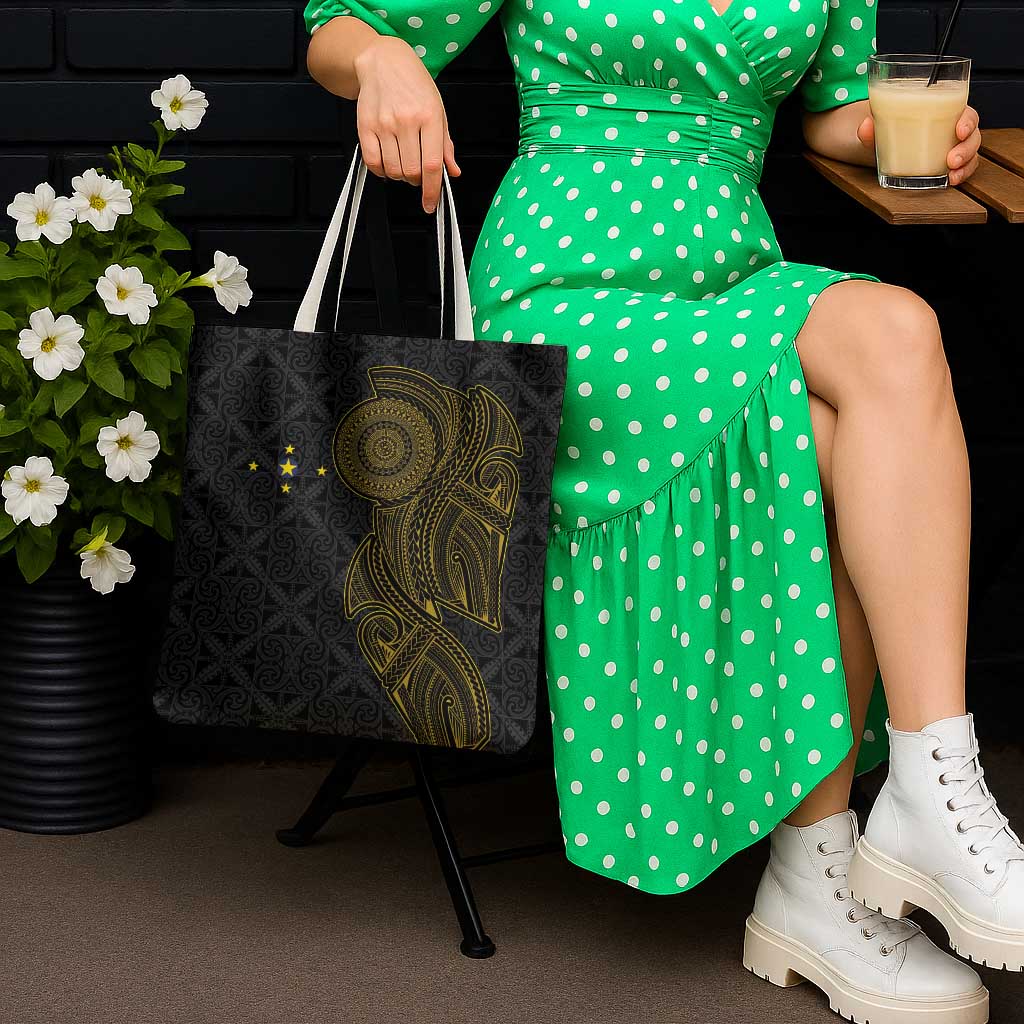 Niue Polynesian Hiapo Tattoo Art Tote Bag Half Style Black Gold Color - Polynesian Pride