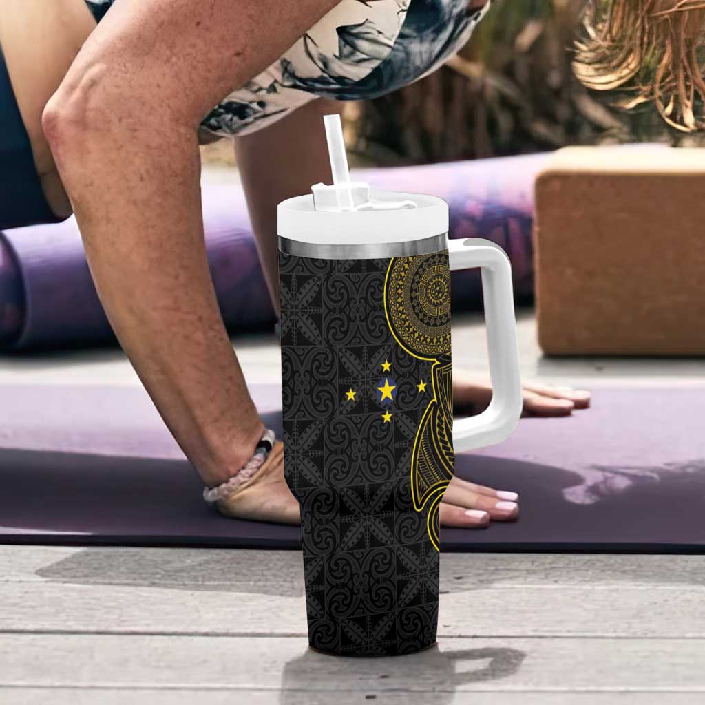 Niue Polynesian Hiapo Tattoo Art Tumbler With Handle Half Style Black Gold Color - Polynesian Pride