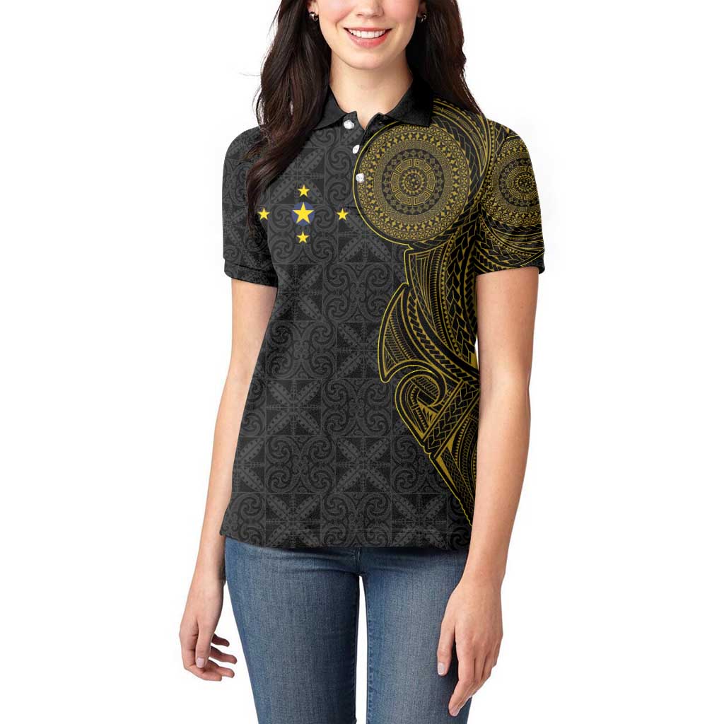 Niue Polynesian Hiapo Tattoo Art Women Polo Shirt Half Style Black Gold Color - Polynesian Pride