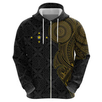 Niue Polynesian Hiapo Tattoo Art Zip Hoodie Half Style Black Gold Color - Polynesian Pride