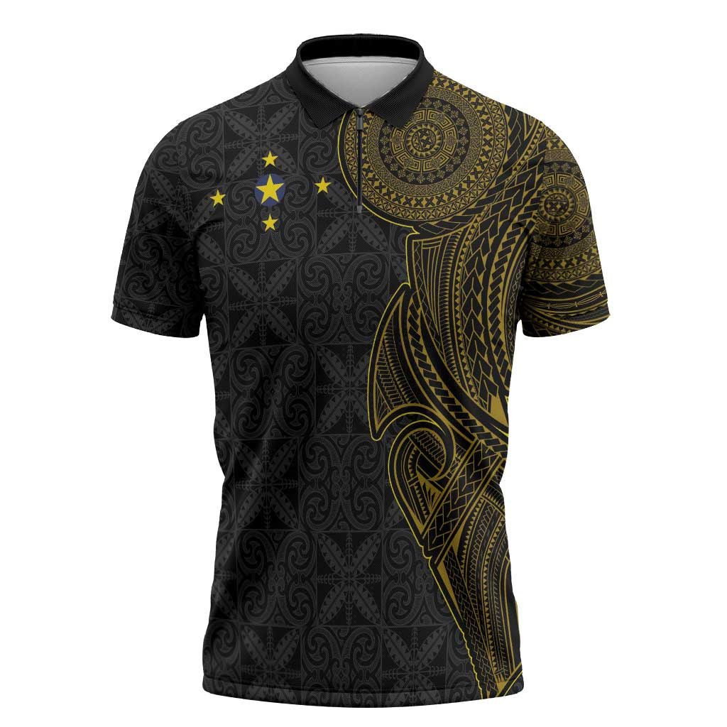 Niue Polynesian Hiapo Tattoo Art Zipper Polo Shirt Half Style Black Gold Color - Polynesian Pride