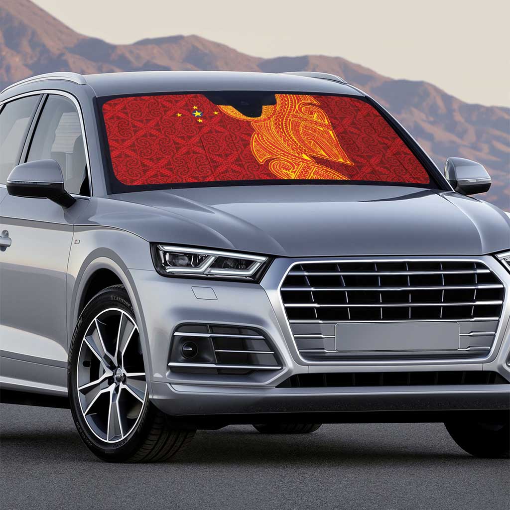 Niue Polynesian Hiapo Tattoo Art Auto Sun Shade Half Style Red Yellow Color - Polynesian Pride