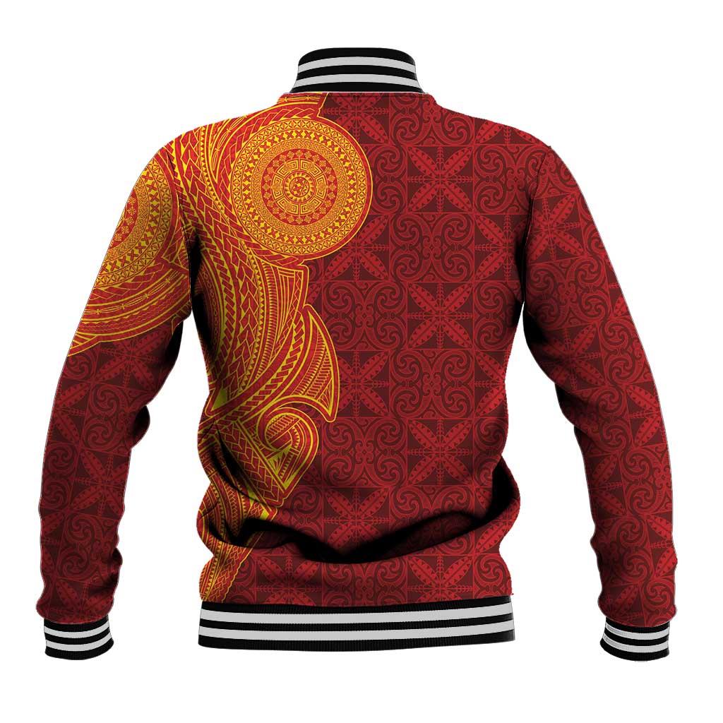 Niue Polynesian Hiapo Tattoo Art Baseball Jacket Half Style Red Yellow Color - Polynesian Pride