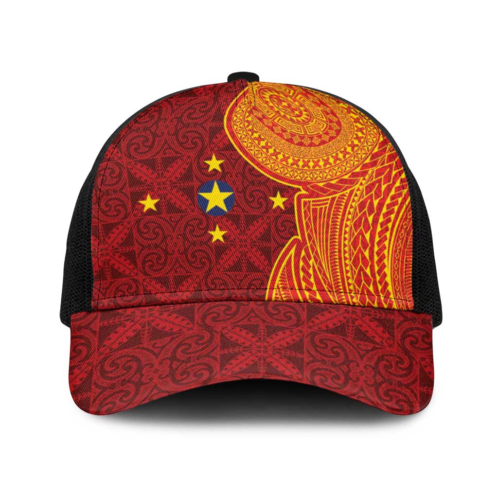 Niue Polynesian Hiapo Tattoo Art Baseball Net Cap Half Style Red Yellow Color - Polynesian Pride