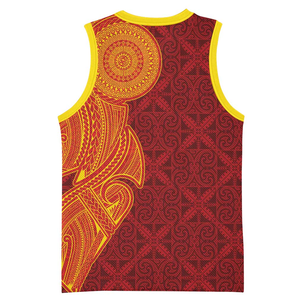 Niue Polynesian Hiapo Tattoo Art Basketball Jersey Half Style Red Yellow Color - Polynesian Pride