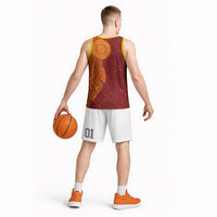 Niue Polynesian Hiapo Tattoo Art Basketball Jersey Half Style Red Yellow Color - Polynesian Pride