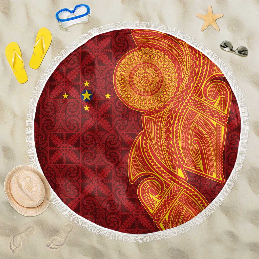 Niue Polynesian Hiapo Tattoo Art Beach Blanket Half Style Red Yellow Color - Polynesian Pride