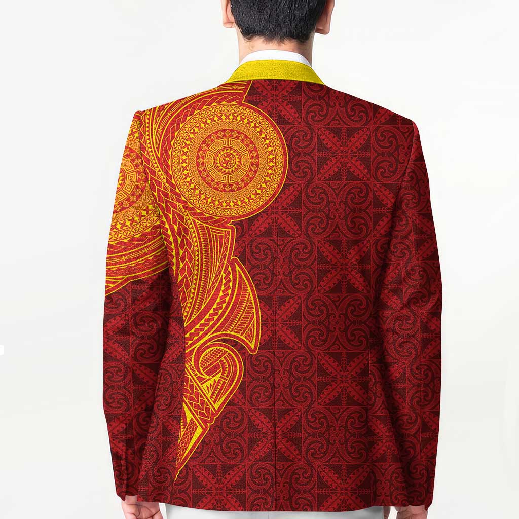 Niue Polynesian Hiapo Tattoo Art Blazer Half Style Red Yellow Color - Polynesian Pride