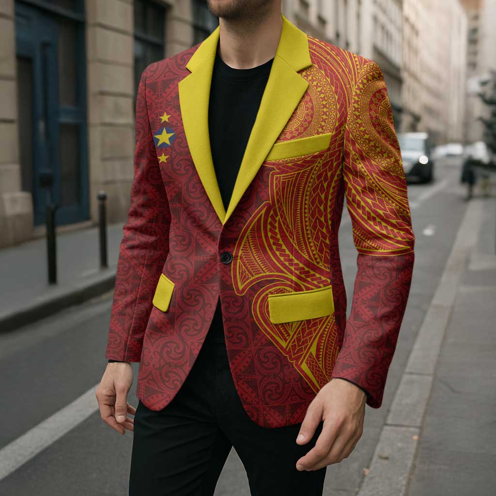 Niue Polynesian Hiapo Tattoo Art Blazer Half Style Red Yellow Color - Polynesian Pride