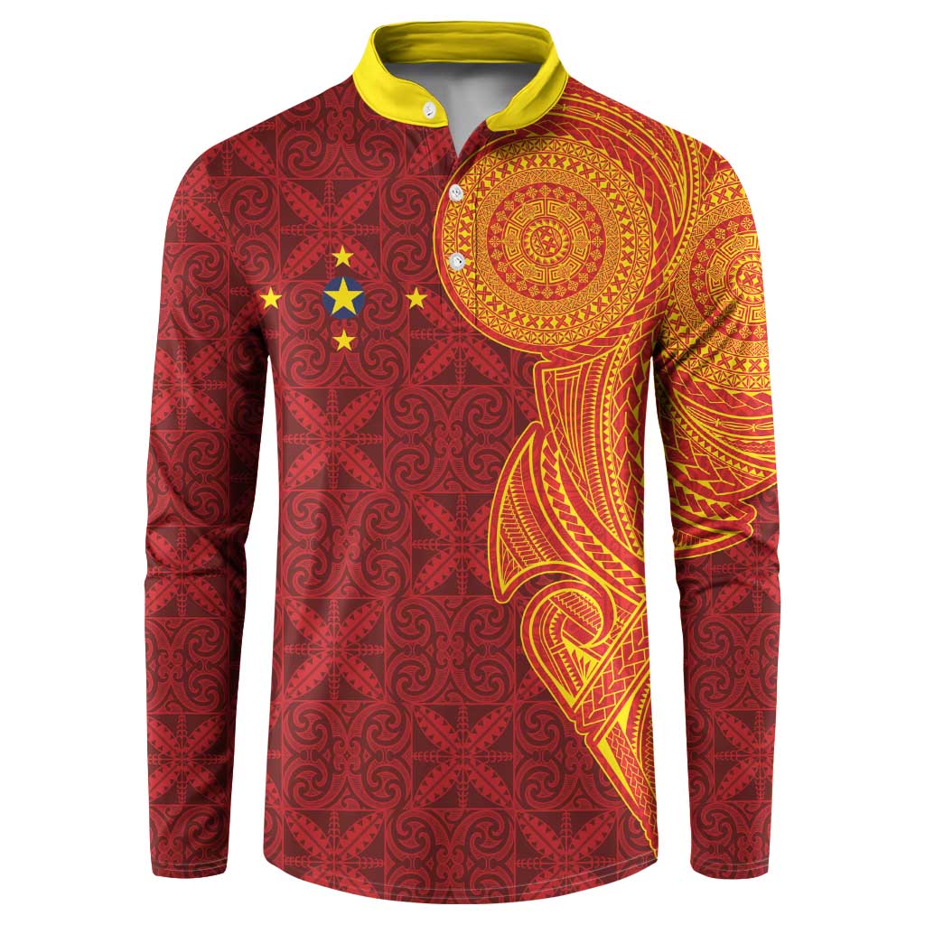 Niue Polynesian Hiapo Tattoo Art Button Sweatshirt Half Style Red Yellow Color - Polynesian Pride