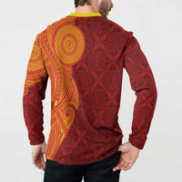 Niue Polynesian Hiapo Tattoo Art Button Sweatshirt Half Style Red Yellow Color - Polynesian Pride