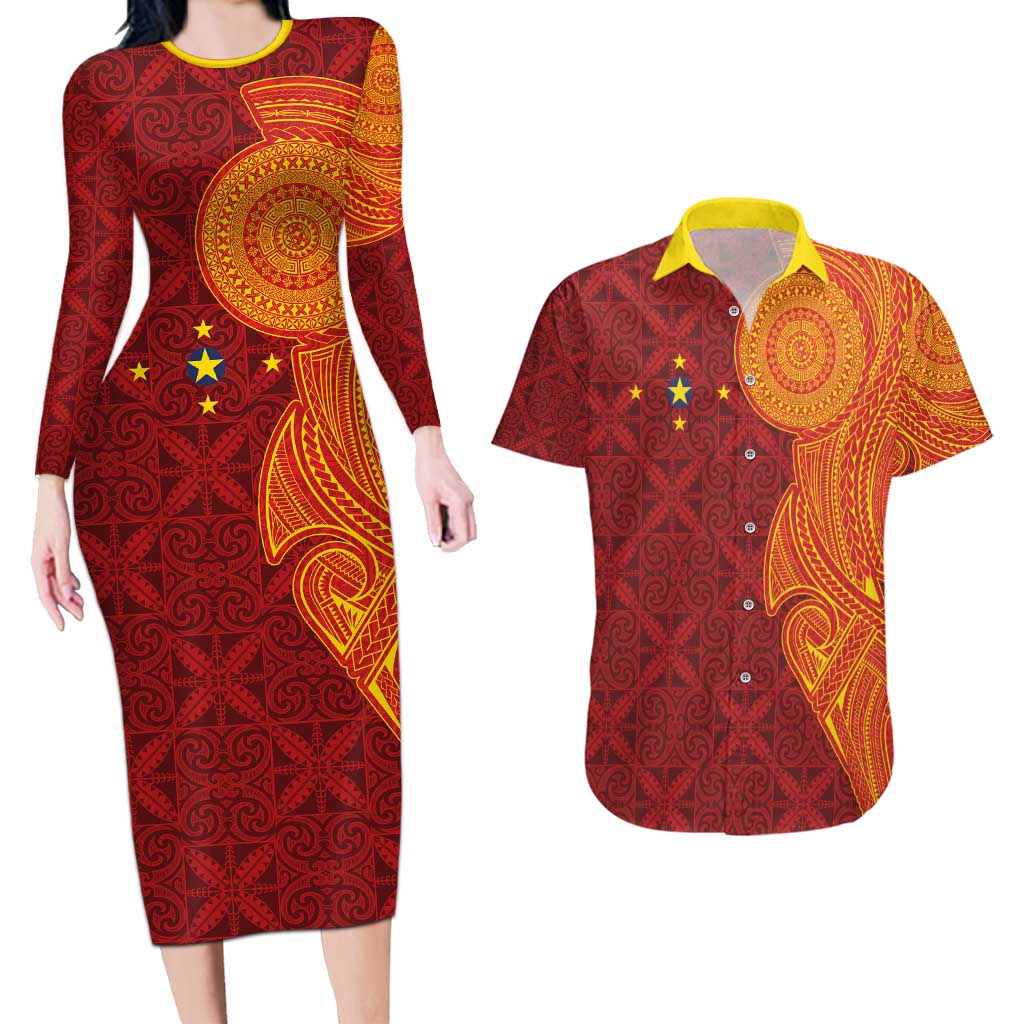 Niue Polynesian Hiapo Tattoo Art Couples Matching Long Sleeve Bodycon Dress and Hawaiian Shirt Half Style Red Yellow Color - Polynesian Pride