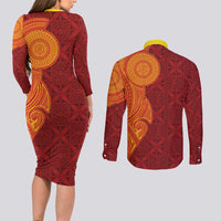 Niue Polynesian Hiapo Tattoo Art Couples Matching Long Sleeve Bodycon Dress and Long Sleeve Button Shirt Half Style Red Yellow Color - Polynesian Pride