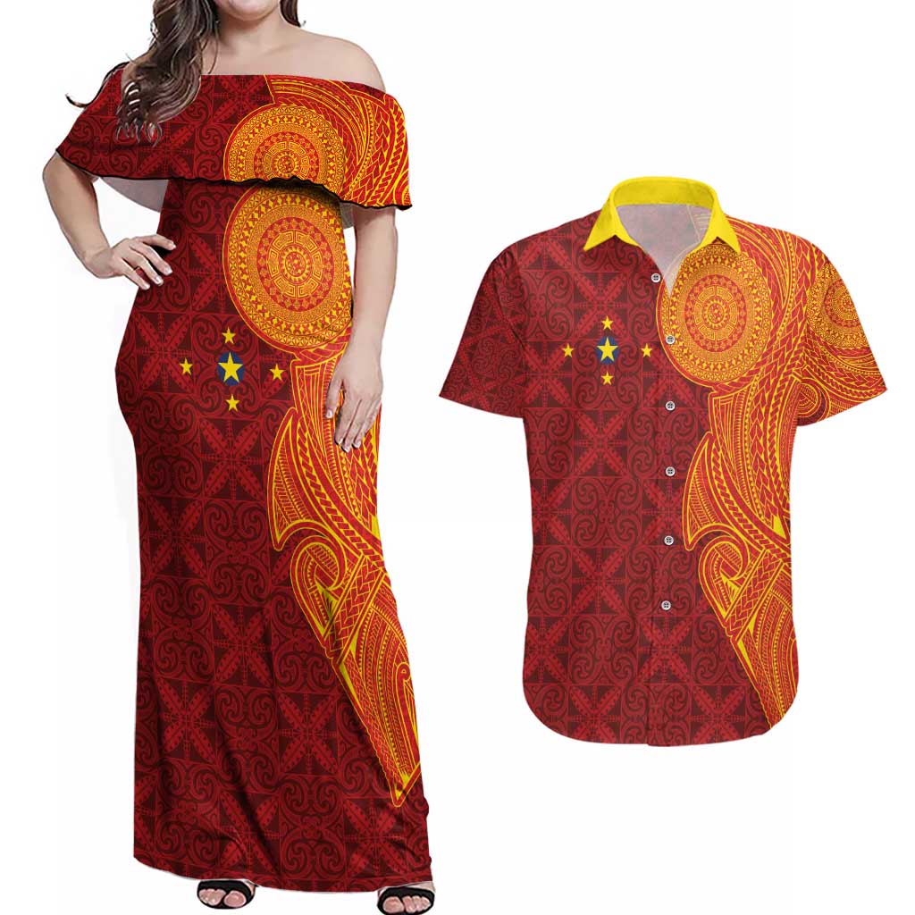 Niue Polynesian Hiapo Tattoo Art Couples Matching Off Shoulder Maxi Dress and Hawaiian Shirt Half Style Red Yellow Color - Polynesian Pride