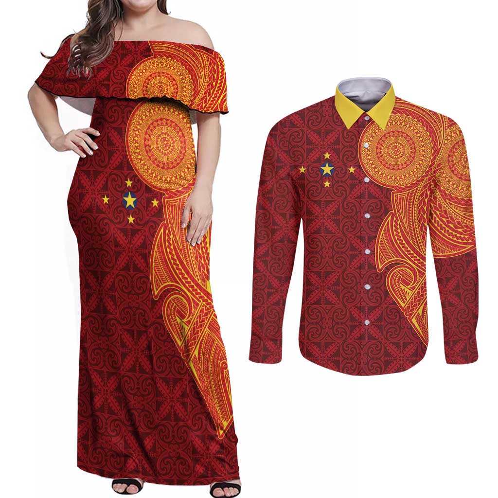 Niue Polynesian Hiapo Tattoo Art Couples Matching Off Shoulder Maxi Dress and Long Sleeve Button Shirt Half Style Red Yellow Color - Polynesian Pride