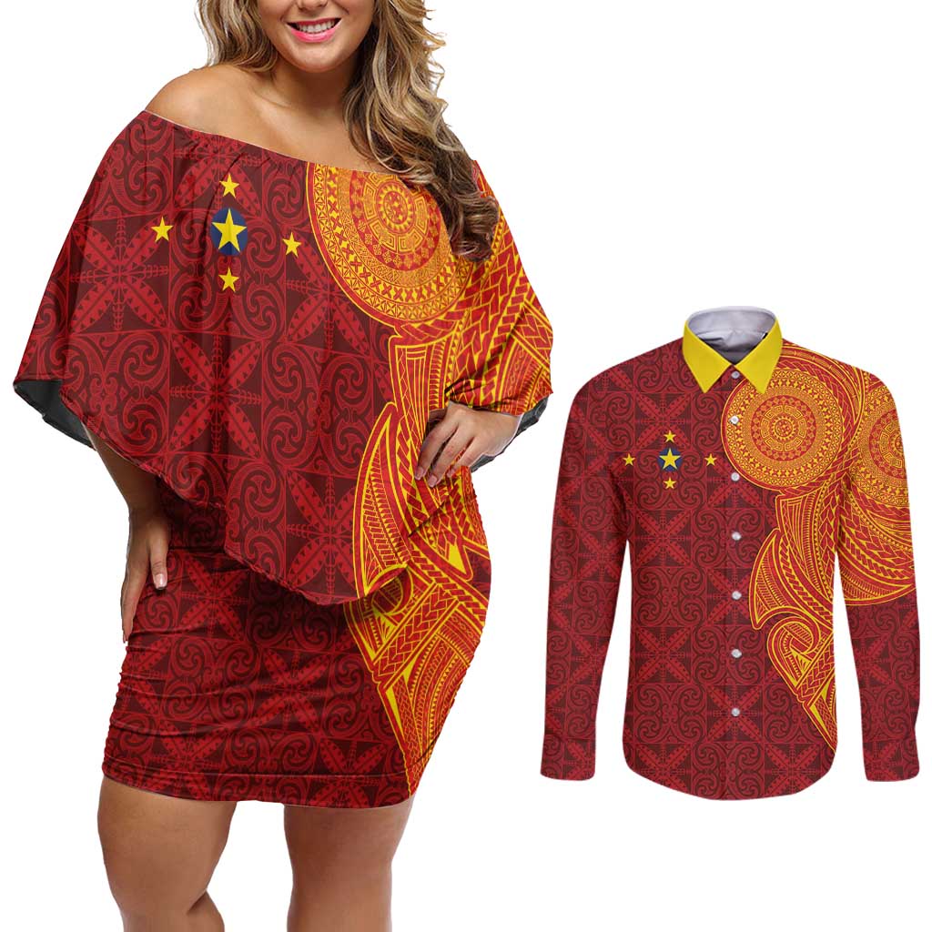 Niue Polynesian Hiapo Tattoo Art Couples Matching Off Shoulder Short Dress and Long Sleeve Button Shirt Half Style Red Yellow Color - Polynesian Pride