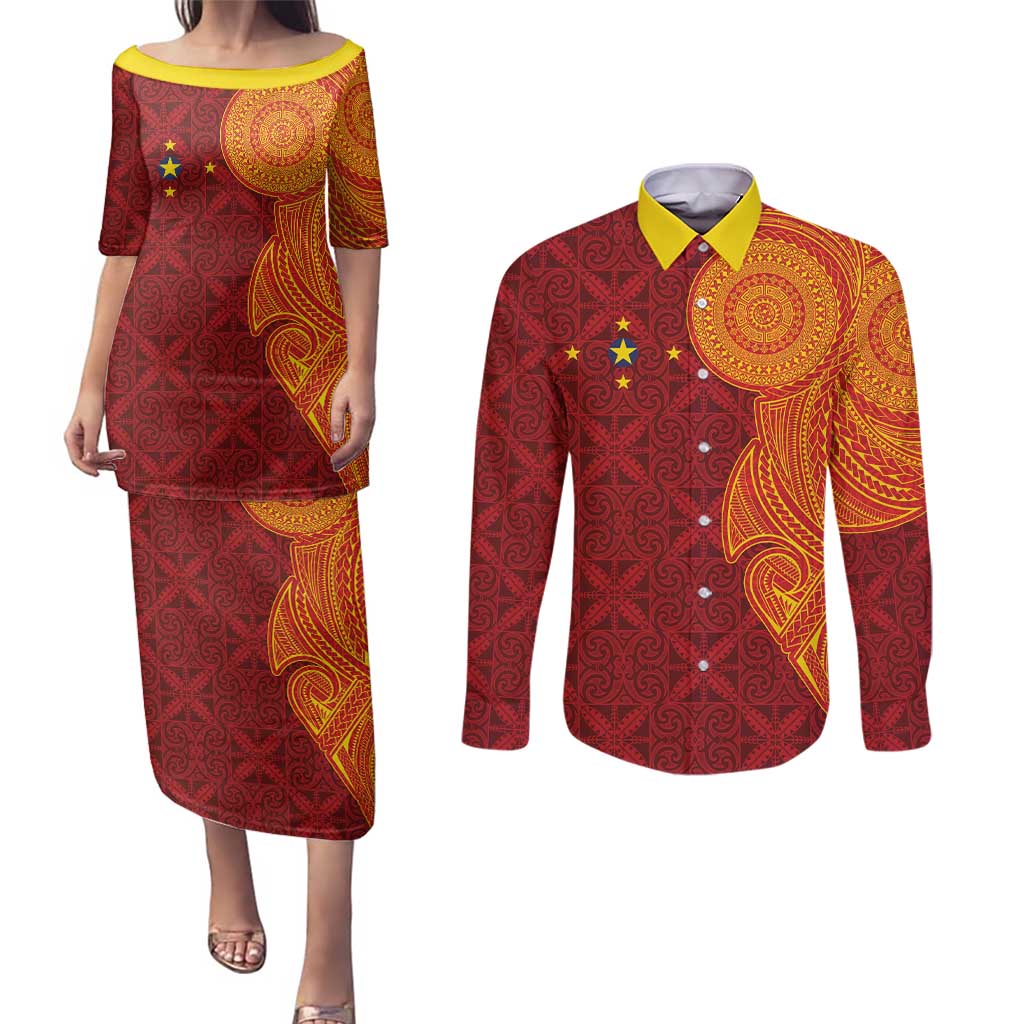 Niue Polynesian Hiapo Tattoo Art Couples Matching Puletasi and Long Sleeve Button Shirt Half Style Red Yellow Color - Polynesian Pride