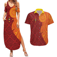 Niue Polynesian Hiapo Tattoo Art Couples Matching Summer Maxi Dress and Hawaiian Shirt Half Style Red Yellow Color - Polynesian Pride