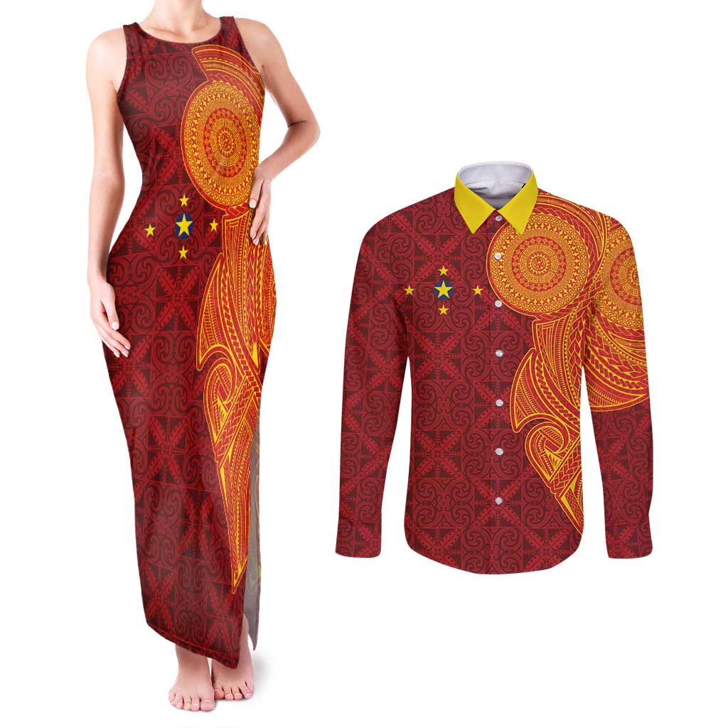 Niue Polynesian Hiapo Tattoo Art Couples Matching Tank Maxi Dress and Long Sleeve Button Shirt Half Style Red Yellow Color - Polynesian Pride